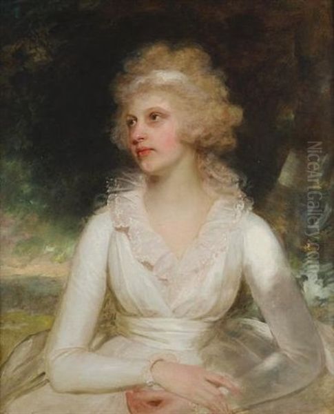 Portrait Of A Lady, Said To Be Mrs Daniel Raymond Barker, Half-length, In A White Dress With A Lace Collar Oil Painting by Sir William Beechey