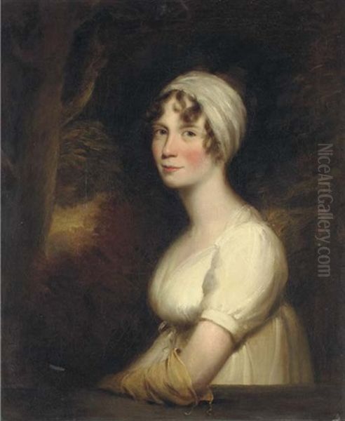 Portrait Of Miss Morley In A White Dress And Yellow Glove, A Landscape Beyond Oil Painting by Sir William Beechey