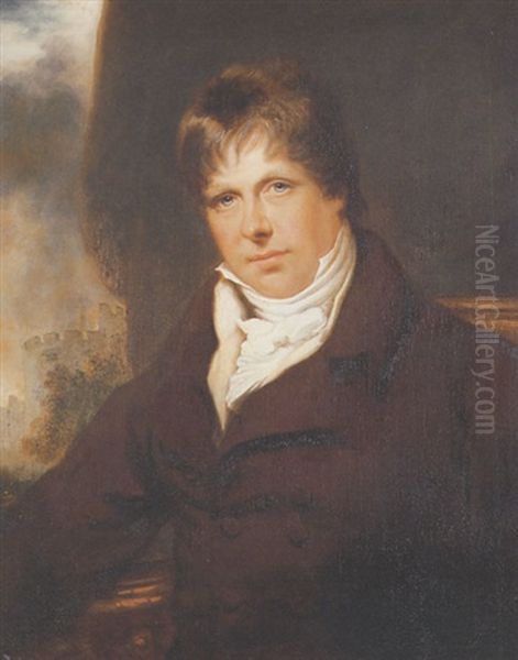 Portrait Of Robert Myddelton Biddulph In A Brown Coat, A View Of Chirk Castle Beyond Oil Painting by Sir William Beechey