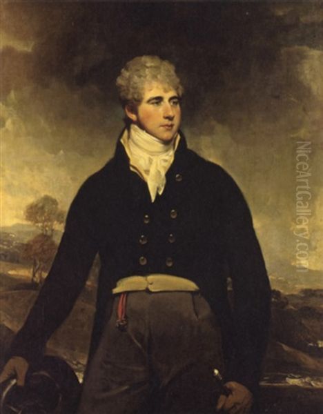 Portrait Of A Young Man (sir Harry Neal?) Wearing A Dark Coat With Gray Trousers And Holding A Hat, Standing In A Landscape Oil Painting by Sir William Beechey