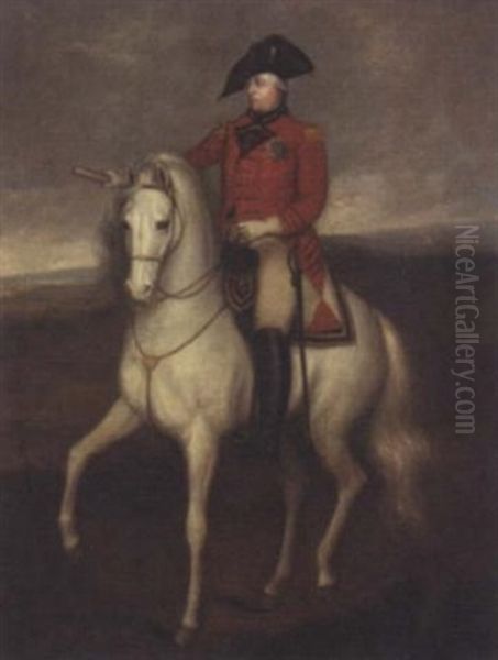 Equestrian Portrait Of King George Iii In Military Uniform, Wearing The Order Of The Garter, A Parade Of His Troops Beyond Oil Painting by Sir William Beechey