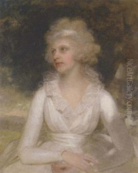 Portrait Of A Lady In A White Dress, In A Landscape Oil Painting by Sir William Beechey