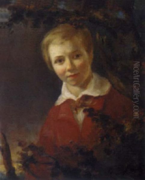 Portrait Of A Boy In A Red Jacket And White Shirt In A Landscape by Sir William Beechey