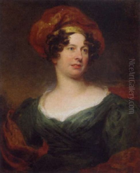 Portrait Of A Lady In A Green Dress With A Red And Gold Headdress Oil Painting by Sir William Beechey