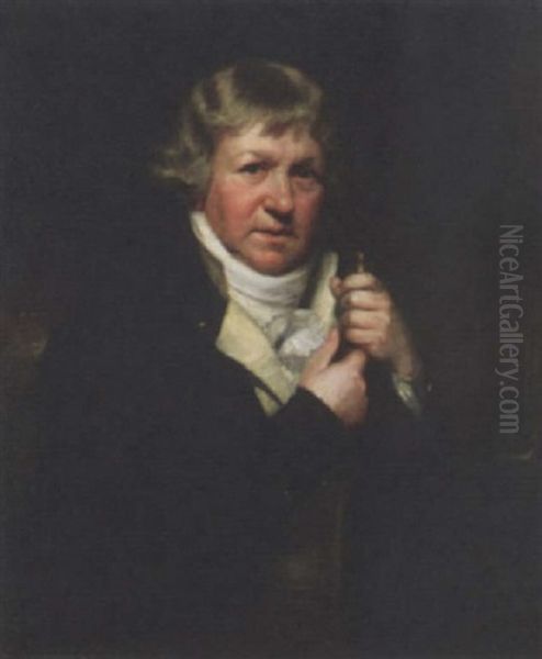 Portrait Of A Gentleman In A White Waistcoat And Black Coat, Holding A Walking Stick Oil Painting by Sir William Beechey