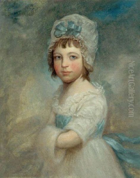 Portrait Of A Girl In A White Dress And Blue Sash, Her Hands In A Fur Muff Oil Painting by Sir William Beechey