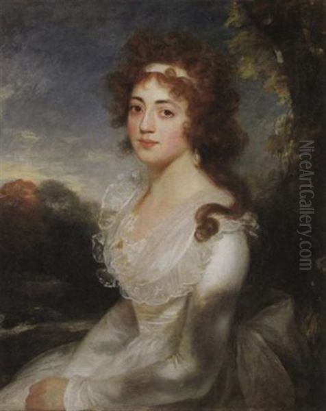 A Portrait Of Harriet Maria Day, Seated, Wearing A White Satin Dress Oil Painting by Sir William Beechey