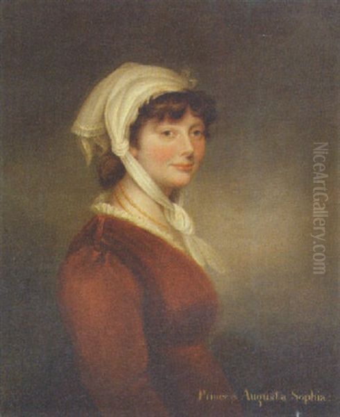 Portrait Of Princess Augusta Sophia In A Red Dress With A Lace Collar And White Bonnet Oil Painting by Sir William Beechey