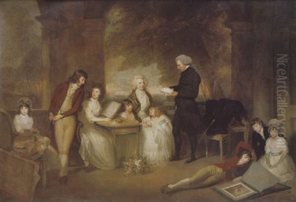 Portrait Of Archdeacon Strachey, Holding A Letter, And His Family, Grouped Around Oil Painting by Sir William Beechey