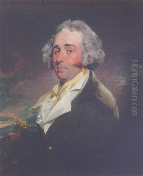 Portrait Of A Gentleman In A Green Coat, White Waistcoat And Yellow Cravat, In A Landscape Oil Painting by Sir William Beechey