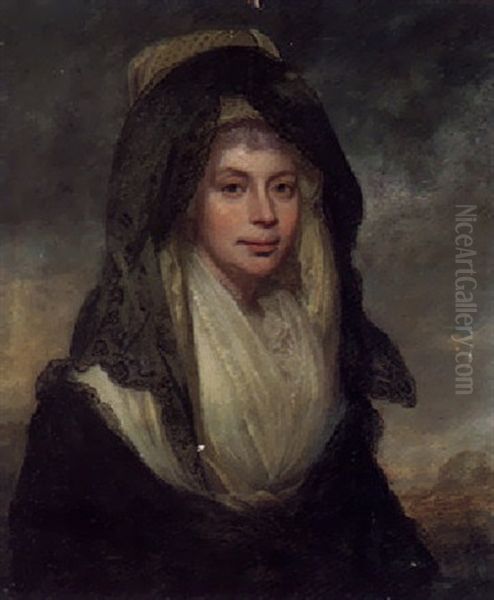 Portrait Of Queen Charlotte Wearing A White Dress With A Black Shawl And Headdress Oil Painting by Sir William Beechey