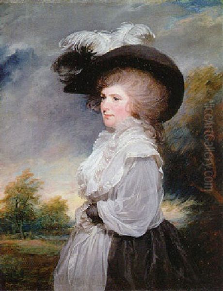 Portrait Of Miss Mary Constance Wearing A Grey Dress And A Plumed Hat Oil Painting by Sir William Beechey