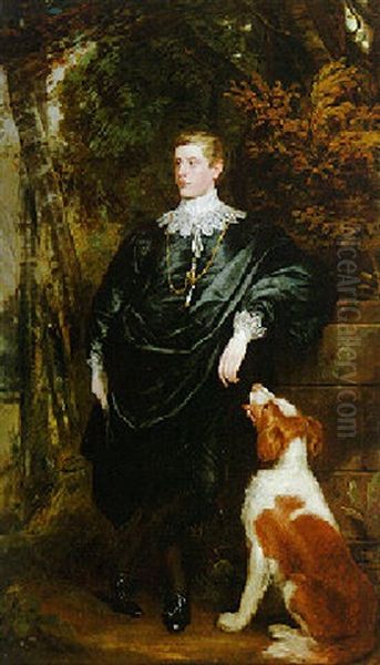 Portrait Of Felix Ladbroke, Wearing A Black Van Dyckian Costume, A Spaniel Nearby Oil Painting by Sir William Beechey