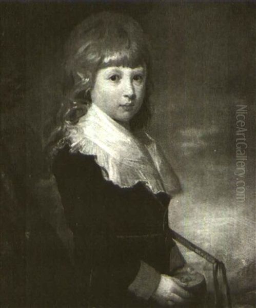 Portrait Of A Young Boy In Blue, A Landscape Beyond Oil Painting by Sir William Beechey