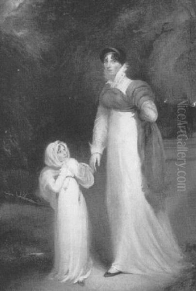 Portrait Of A Lady, Said To Be Mrs. Pierce, And Her         Daughter, Standing Small Full Length, In A Park Oil Painting by Sir William Beechey