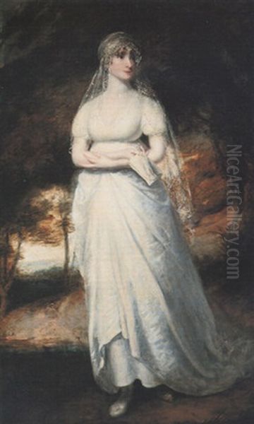 Portrait Of A Lady, Standing, Full Length, In A White Dress, In A Landscape Oil Painting by Sir William Beechey