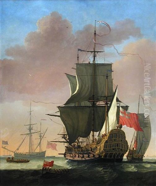 A Man-of-war Flying The English Naval Flag Oil Painting by Jan Karel Donatus van Beecq