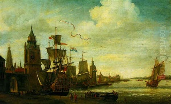 A Capriccio View Of The Port Of Antwerp Oil Painting by Jan Karel Donatus van Beecq