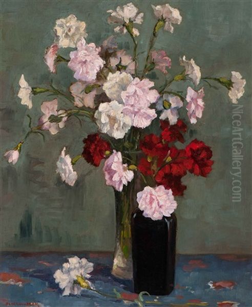 Still Life With Carnations In Glass Vases Oil Painting by Bernardus Antonie Van Beek