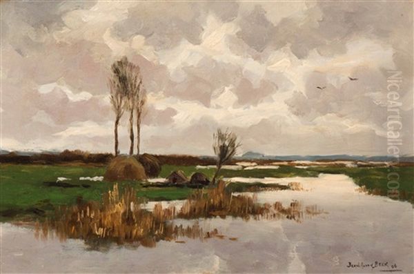 View Of A Lake Near Kortenhoef Oil Painting by Bernardus Antonie Van Beek