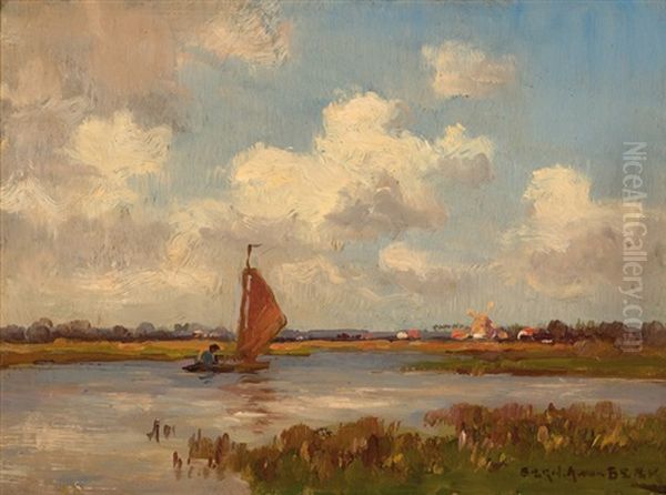 View Of The Loosdrechtse Plassen And Loenen (+ View Of The Mill Of Vreeland; 2 Works) Oil Painting by Bernardus Antonie Van Beek