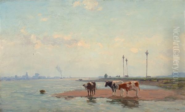 Cows On The Water's Edge Oil Painting by Bernardus Antonie Van Beek