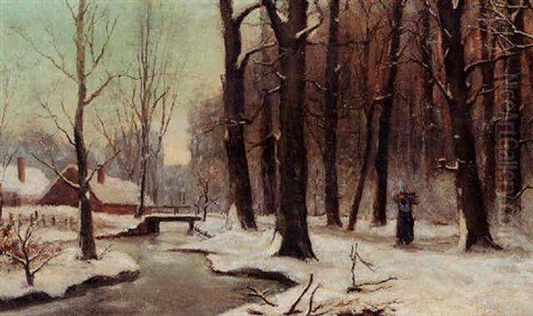 Winter Landscape Oil Painting by Bernardus Antonie Van Beek