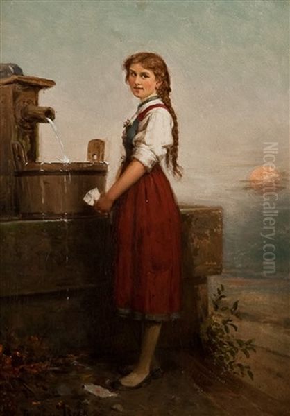 Girl At The Well Oil Painting by Theodor Von Der Beek