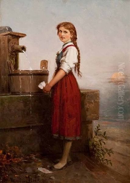 Girl At The Well Oil Painting by Theodor Von Der Beek