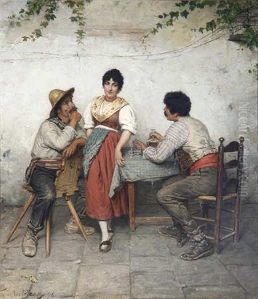 Sudlandische Schankwirtschaft Mit Zwei Burschen, Die Um Die Gunst Der Magd Buhlen Oil Painting by Theodor Von Der Beek