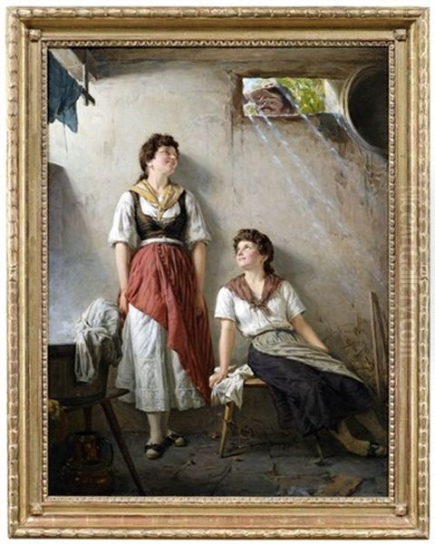 Italienische Waschfrauen Schakern Mit Einem Mann Am Fenster Oil Painting by Theodor Von Der Beek