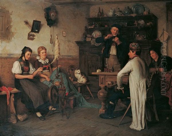 Bauerliches Interieur Mit Zwei Madchen Am Spinnrad by Theodor Von Der Beek