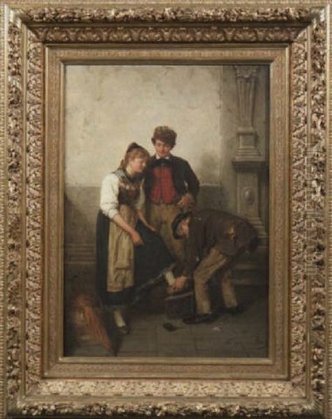 Am Rande Eines Eingangsportals Last Sich Ein Junges Madchen In Tracht Von Einem Schuhputzer Oil Painting by Theodor Von Der Beek