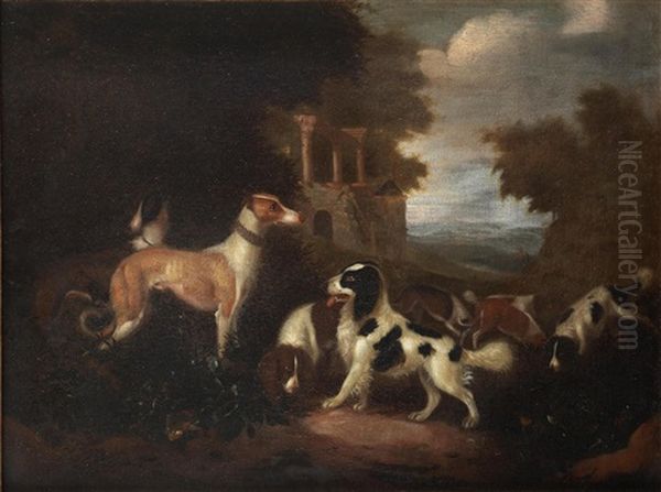 Dogs In A Landscape; And Dogs Before Ruins, A Landscape Beyond (2) Oil Painting by Adriaen Cornelisz Beeldemaker