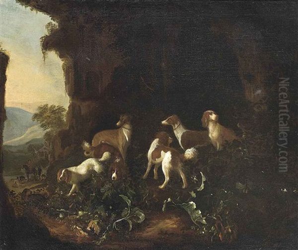 Hounds In A Rocky Landscape, A Horseman Beyond Oil Painting by Adriaen Cornelisz Beeldemaker