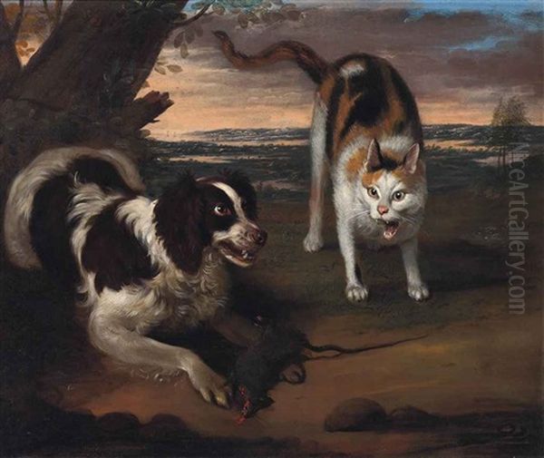 A Spaniel Protecting His Catch From A Cat Oil Painting by Adriaen Cornelisz Beeldemaker