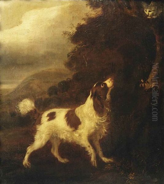 An English Springer Spaniel And A Grey Cat In A Landscape Oil Painting by Adriaen Cornelisz Beeldemaker