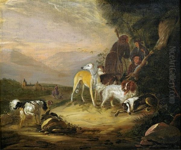 Drei Jager Mit Ihrer Hundemeute Oil Painting by Adriaen Cornelisz Beeldemaker