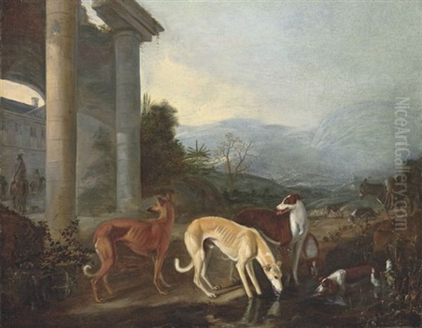 A Mountainous Landscape With Hounds Watering By A Classical Building Oil Painting by Adriaen Cornelisz Beeldemaker