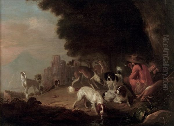 Huntsmen Resting With Their Hounds In A Landscape Oil Painting by Adriaen Cornelisz Beeldemaker