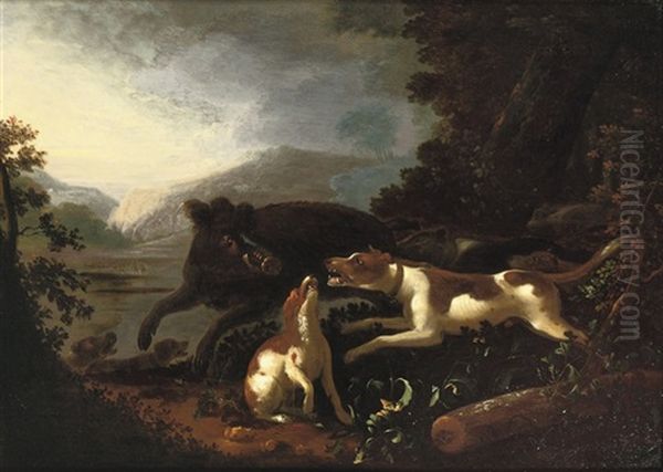 Hounds Attacking A Boar In A Hilly River Landscape Oil Painting by Adriaen Cornelisz Beeldemaker