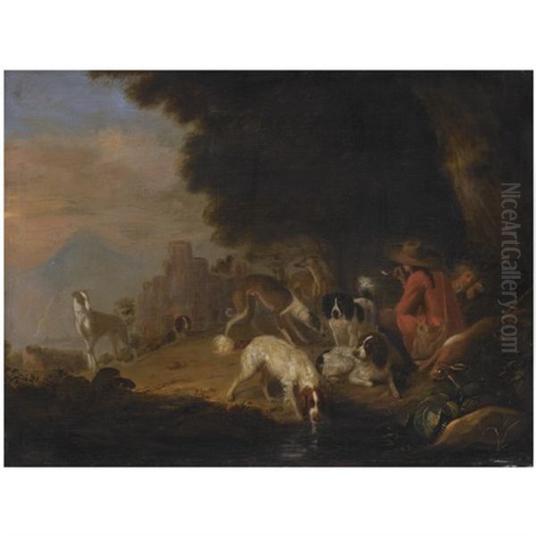 A Wooded Landscape With Two Huntsmen And Their Hounds Resting Near A Stream Oil Painting by Adriaen Cornelisz Beeldemaker