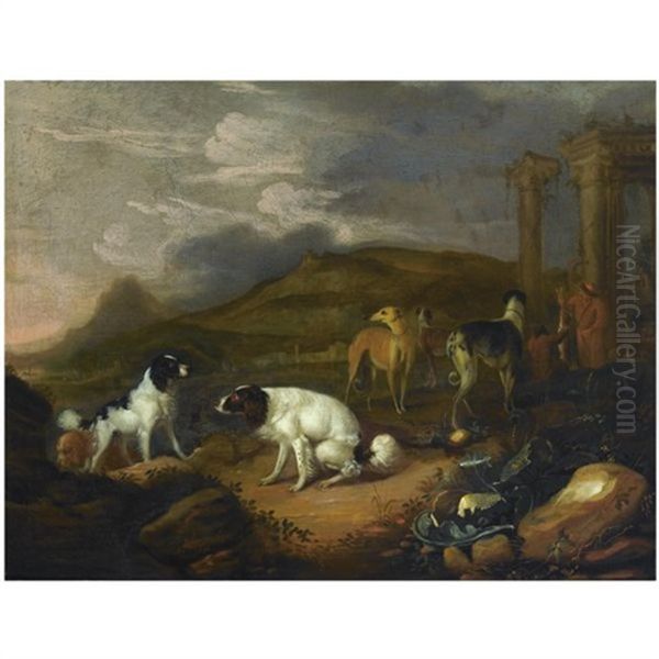 A Southern Landscape With Three Spaniels And Other Hounds, Two Huntsmen With A Dead Hare In The Background, Near Classical Ruins Oil Painting by Adriaen Cornelisz Beeldemaker