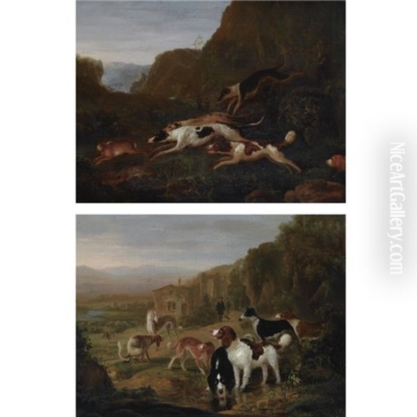 A Mountainous Landscape With Hounds Assaulting A Hare (+ A Hilly Landscape With Hounds Resting Near A Stream; Pair) by Adriaen Cornelisz Beeldemaker