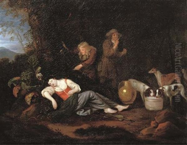 Two Hunters Teasing A Sleeping Milkmaid Oil Painting by Adriaen Cornelisz Beeldemaker