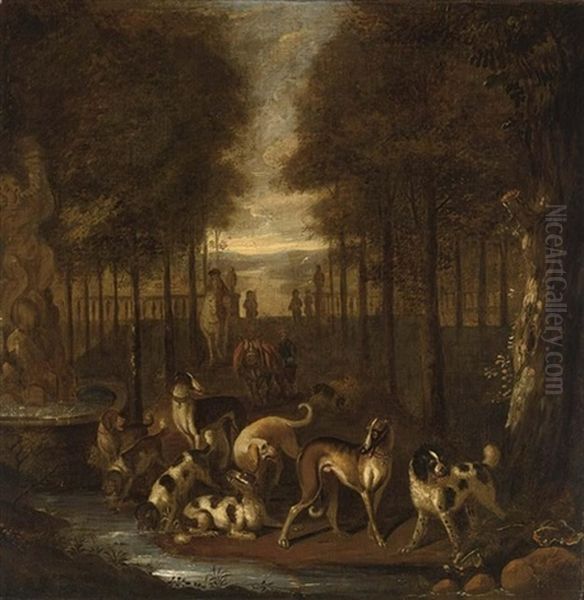 Spaniels And Other Hounds In A Park Setting Next To A Fountain, A Sportsman And A Traveller Beyond Oil Painting by Adriaen Cornelisz Beeldemaker