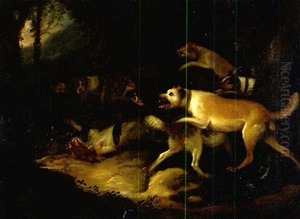 Sieben Jagdhunde Attackieren Einen Keiler Oil Painting by Adriaen Cornelisz Beeldemaker