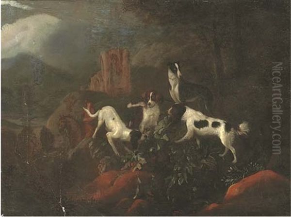 A Huntsman And Dogs In A Landscape by Adriaen Cornelisz Beeldemaker