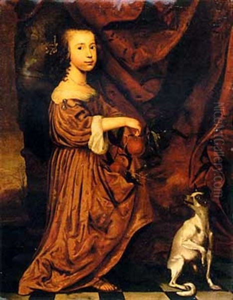 Portrait Of A Young Lady, Full-length, In An Orange Dress, Holding Two Appeltjes Van Oranje In Her Right Hand, Her Dog Beside Her, On A Terrace Oil Painting by Adriaen Cornelisz Beeldemaker