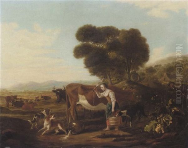 A Landscape With Cattle And A Dairy Maid Teasing A Dog Oil Painting by Adriaen Cornelisz Beeldemaker